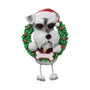 Personalized Schnauzer ornament with Santa hat, Christmas wreath, and blank bone-shaped name plaque
