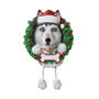 Personalized Siberian Husky ornament with Santa hat, Christmas wreath, and blank bone-shaped name plaque
