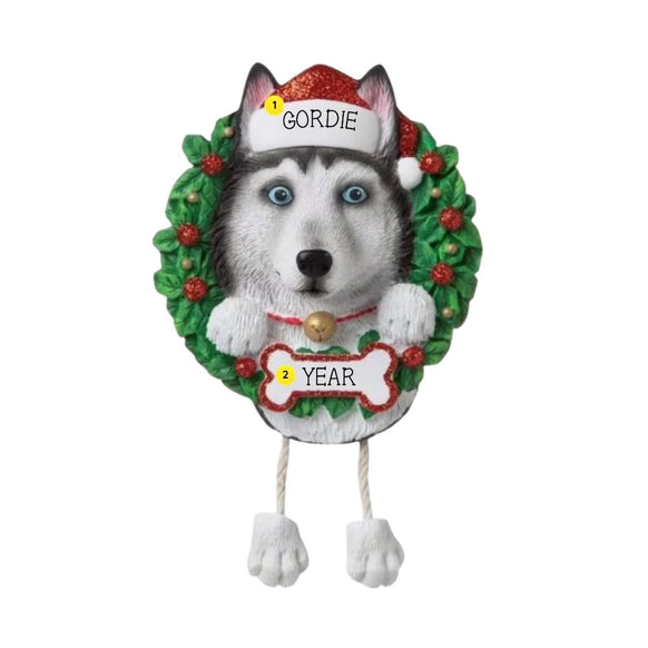 Personalized Siberian Husky ornament example with name on Santa hat and year on bone-shaped plaque