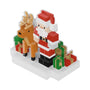Personalized Santa and reindeer block character ornament with presents on a snowy white base.