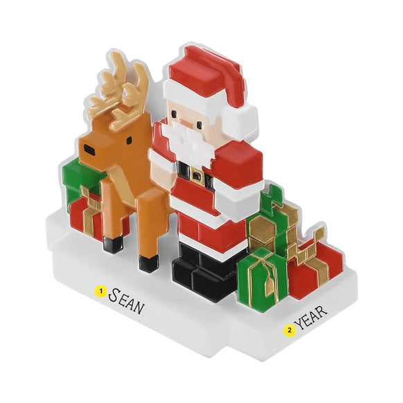 Personalized Santa and reindeer block character ornament with a name on the snow and the year on the base.