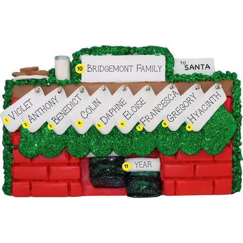 Christmas ornament of a mantel personalized with names, year, & family name against a white background