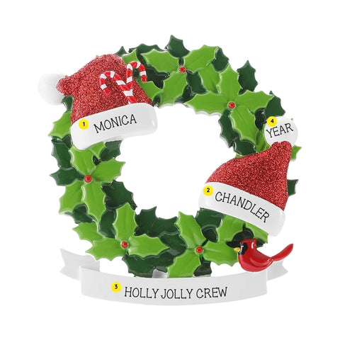 Personalized Santa hat wreath couple ornament with names, phrase, and year placement shown.