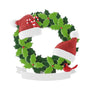 Santa hat wreath couple ornament with glittered red hats, holly leaves, candy canes, and red cardinal.