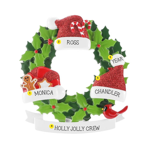 Personalized Santa hat wreath family of three ornament with names, phrase, and year placement shown.