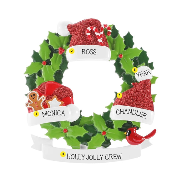 Personalized Santa hat wreath family of three ornament with names, phrase, and year placement shown.