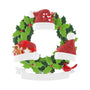 Santa hat wreath family of three ornament with glittered red hats, holly leaves, and red cardinal.
