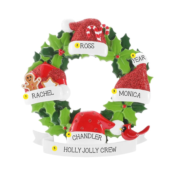 Personalized Santa hat wreath family of four ornament with names, phrase, and year placement shown.