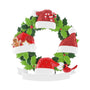 Santa hat wreath family of four ornament with glittered red hats, holly leaves, candy canes, and red cardinal.