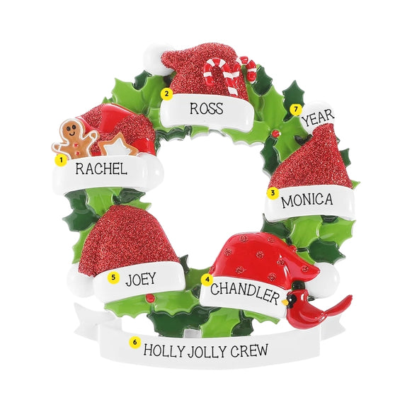Personalized Santa hat wreath family of five ornament with names, phrase, and year placement shown.