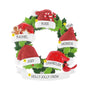 Personalized Santa hat wreath family of five ornament with names, phrase, and year placement shown.