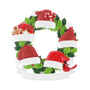 Santa hat wreath family of five ornament with glittered red hats, holly leaves, candy canes, and red cardinal.