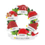 Personalized Santa hat wreath family ornament with six names, phrase, and year placement shown.