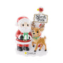 Personalized Santa and reindeer at the North Pole ornament with a name on the snowy base and year on the red sign topper.