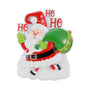 Santa ornament with Santa holding a green gift sack, red “Ho Ho Ho” lettering, and a white snowy base.