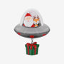 Santa and reindeer UFO ornament with a gray flying saucer and a dangling green Christmas present.