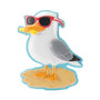Seagull ornament wearing red sunglasses and holding a French fry while standing on a sandy beach base.