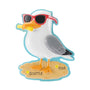 Personalized seagull ornament wearing red sunglasses and holding a French fry, with a name and year added to the sandy beach base.