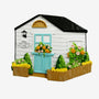 She shed garden cottage ornament featuring a white cottage with an aqua door, black roof, flower boxes, shrubs, and a fenced garden.