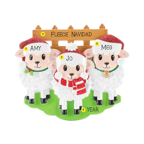 Personalized sheep family of 3 ornament with three sheep in Santa hats by a wooden fence, personalized with example names, phrase, and year.