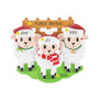 Personalized sheep family of 3 ornament with three sheep in Santa hats by a wooden fence, personalized with example names, phrase, and year.