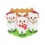 Sheep family of 3 ornament with three sheep in Santa hats by a wooden fence.