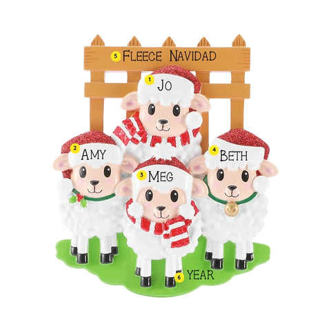 Personalized sheep family of 4 ornament with four sheep in Santa hats by a wooden fence, personalized with example names, phrase, and year.