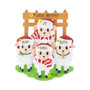 Personalized sheep family of 4 ornament with four sheep in Santa hats by a wooden fence, personalized with example names, phrase, and year.