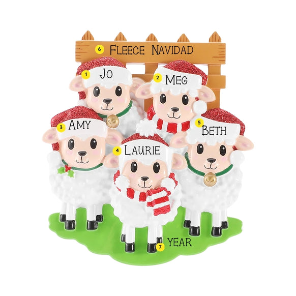 Personalized sheep family of 5 ornament with five sheep in Santa hats by a wooden fence, personalized with example names, phrase, and year.