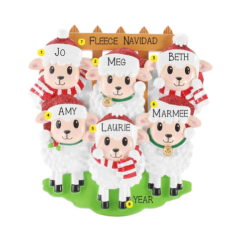 Personalized sheep family of 6 ornament with six sheep in Santa hats by a wooden fence, personalized with example names, phrase, and year.