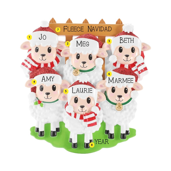 Personalized sheep family of 6 ornament with six sheep in Santa hats by a wooden fence, personalized with example names, phrase, and year.