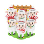 Personalized sheep family of 6 ornament with six sheep in Santa hats by a wooden fence, personalized with example names, phrase, and year.