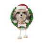 Personalized Shih Tzu ornament with Santa hat, Christmas wreath, and blank bone-shaped name plaque