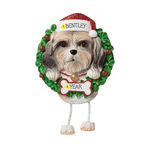 Personalized Shih Tzu ornament example with name on Santa hat and year on bone-shaped plaque