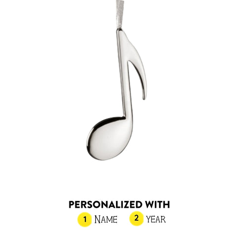 Personalized silver eighth note ornament shown with name and year option graphic