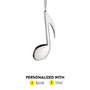 Personalized silver eighth note ornament shown with name and year option graphic