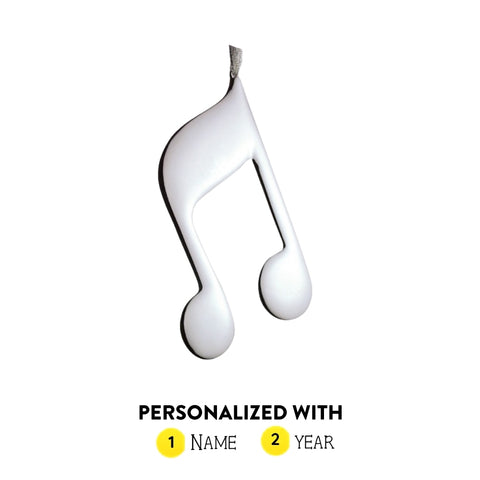 Personalized silver double eighth note ornament shown with name and year option graphic