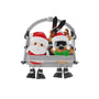 Ski lift couple ornament with Santa and a reindeer wearing winter hats, ski boots, and skis tucked behind the chair.