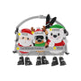 Personalized ski lift family of 3 ornament with example names on the hats, a family name or phrase on the chairlift bar, and year.