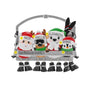 Ski lift ornament with Santa, reindeer, polar bear, and penguin sitting together in winter hats with skis and dangling boots.
