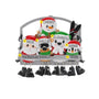 Personalized ski lift family of 5 ornament with example names on the hats, a family name or phrase on the chairlift bar, and year.