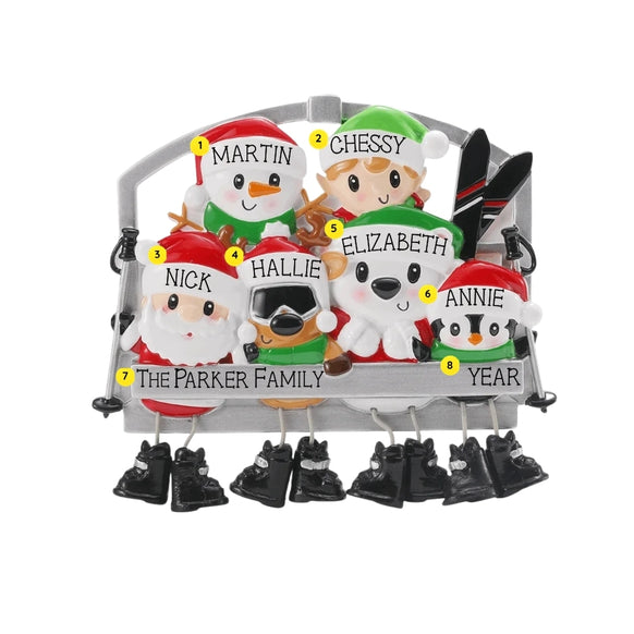 Personalized ski lift family of 6 ornament with example names on each character, a family name or phrase on the chairlift bar, and year.