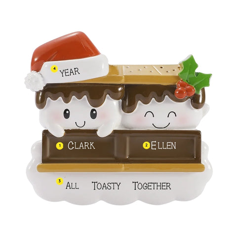 Personalized s’mores family of 2 ornament with two smiling marshmallows on chocolate bars, custom names, a festive phrase, and year.