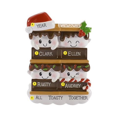 Personalized s’mores family of 4 ornament with four smiling marshmallows on stacked chocolate bars, custom names, a festive phrase, and year.