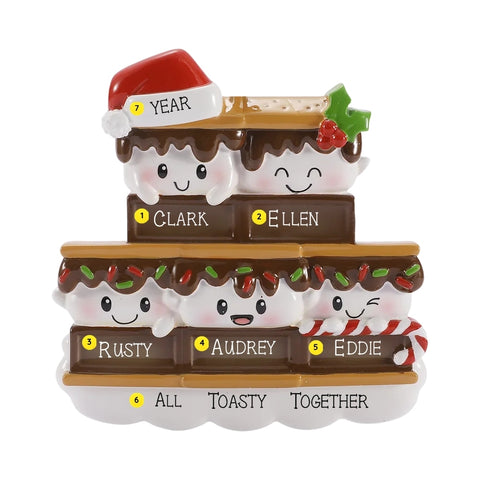 Personalized s’mores family of 5 ornament with five smiling marshmallows on stacked chocolate bars, custom names, a festive phrase, and year.