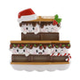 Blank personalized s’mores family of 5 ornament with five smiling marshmallows on stacked chocolate bars, holiday accents, and space for a phrase and year.