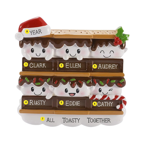 Personalized s’mores family of 6 ornament with six smiling marshmallows on stacked chocolate bars, custom names, a festive phrase, and year.