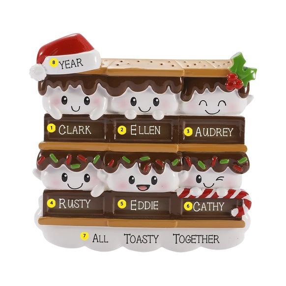Personalized s’mores family of 6 ornament with six smiling marshmallows on stacked chocolate bars, custom names, a festive phrase, and year.