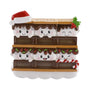 Blank personalized s’mores family of 6 ornament with six smiling marshmallows on stacked chocolate bars, holiday accents, and space for a phrase and year.