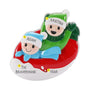Personalized family of 2 ornament with two figures on a red and white snow tube with example names and year